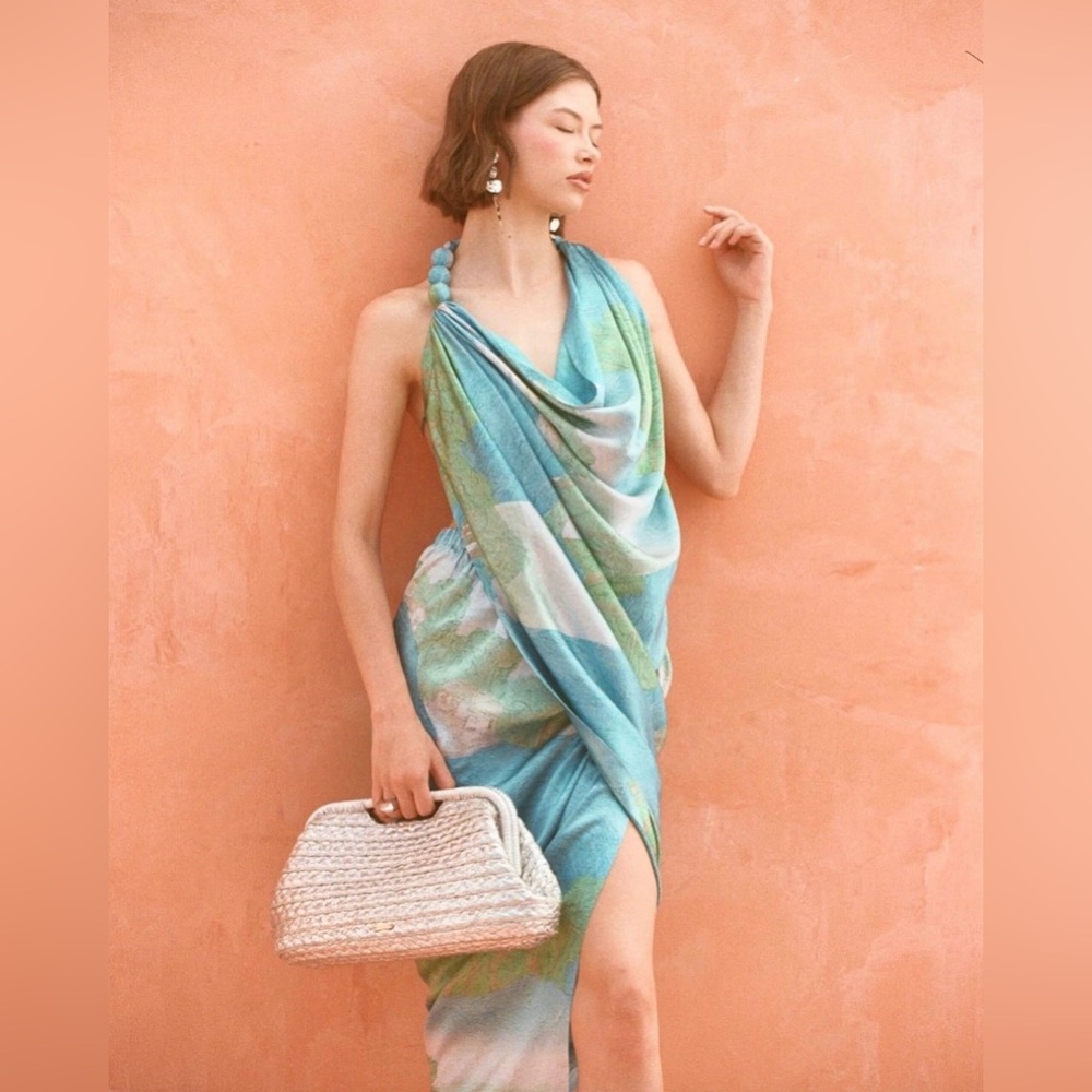 Cult gaia Draped Halter Beach Dress in Aqua & Seafoam Green